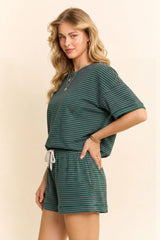 Davi & Dani OVERSIZED Striped Top and Shorts Set in Green/Pink