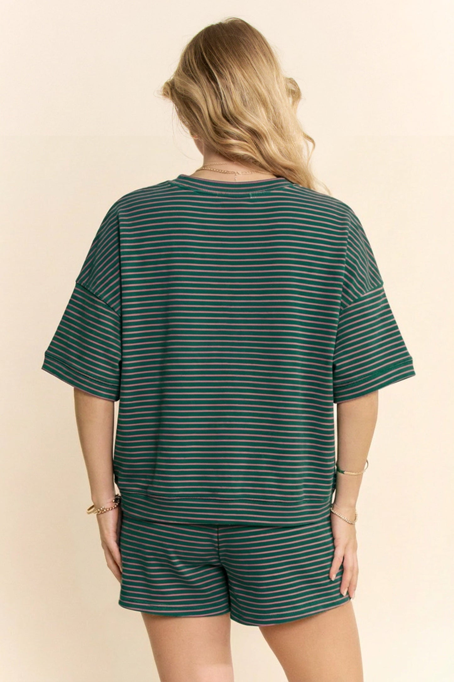 Davi & Dani OVERSIZED Striped Top and Shorts Set in Green/Pink