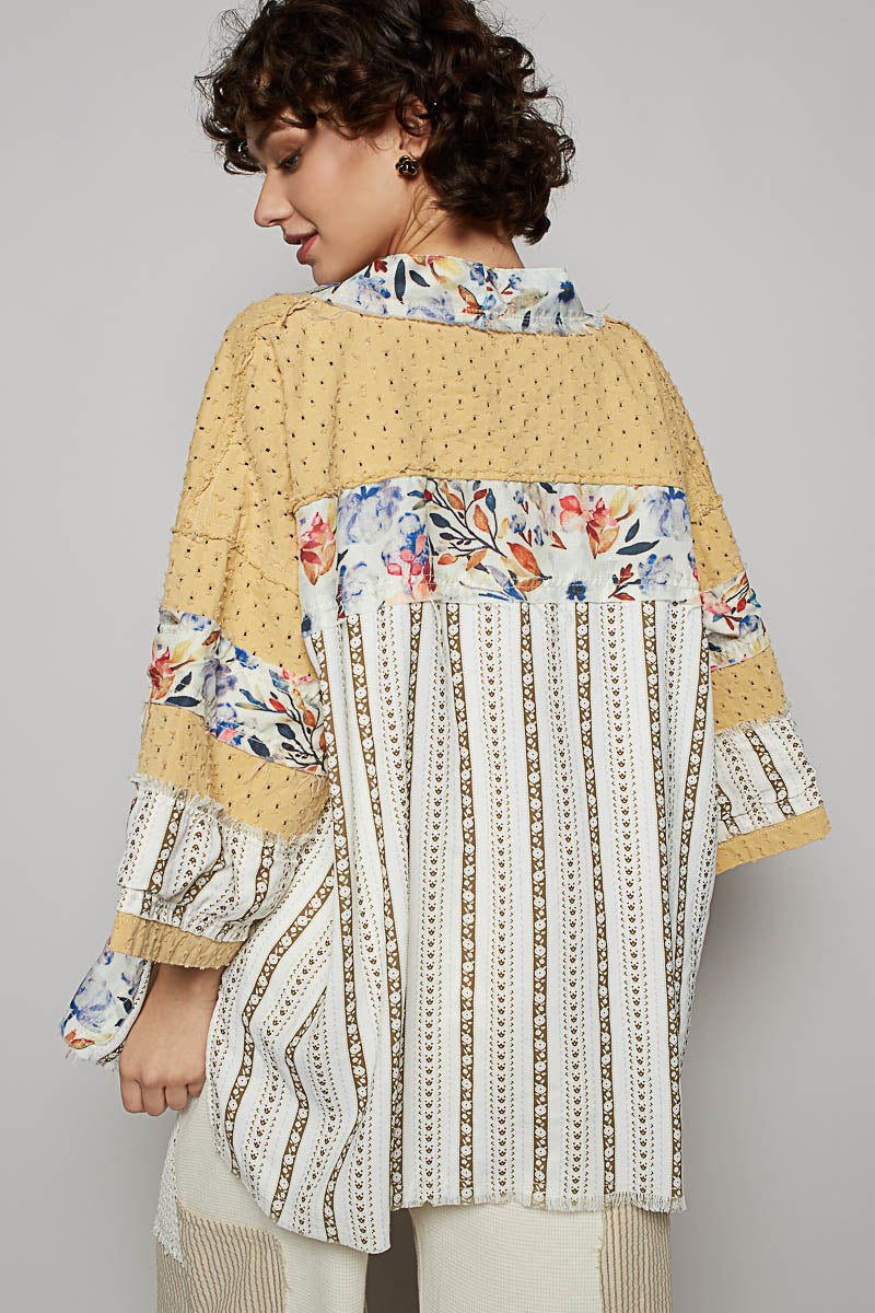POL Distressed Square Twill Cardigan with Mixed Floral Details in Honey Gold