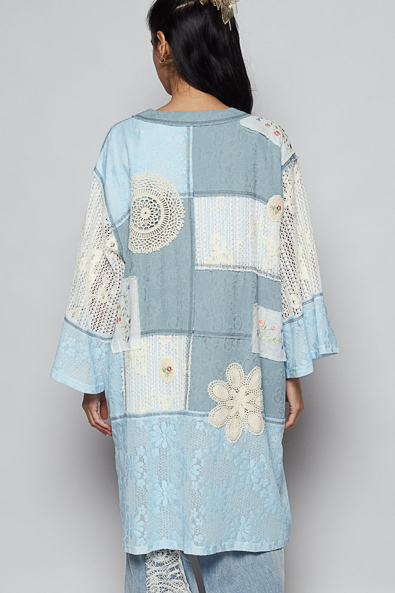 POL Open Front Mixed Cardigan with Patches in Sky Blue