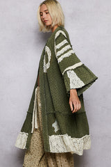 POL Distressed Twill Long Cardigan with Peace Sign Patches in Olive