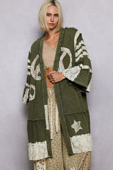POL Distressed Twill Long Cardigan with Peace Sign Patches in Olive