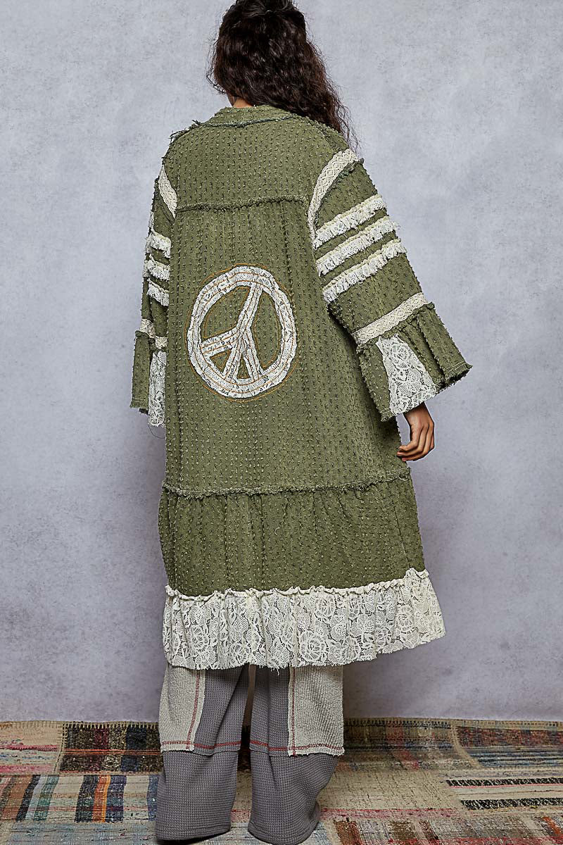 POL Distressed Twill Long Cardigan with Peace Sign Patches in Olive