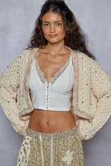 POL Chenille Knit Cardigan with Lace Pearl and Rhinestone Details in Powder Cream