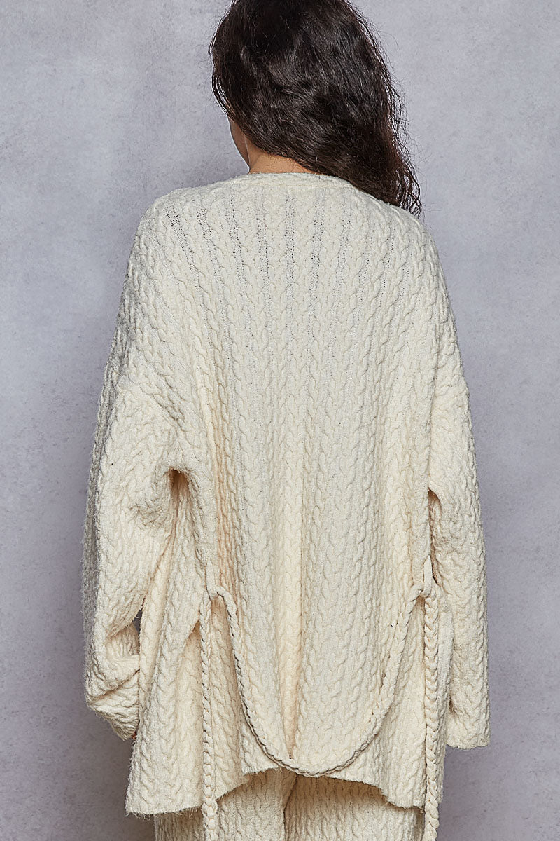 POL Solid Color Open Front Cable Knit Cardigan in Powder Cream