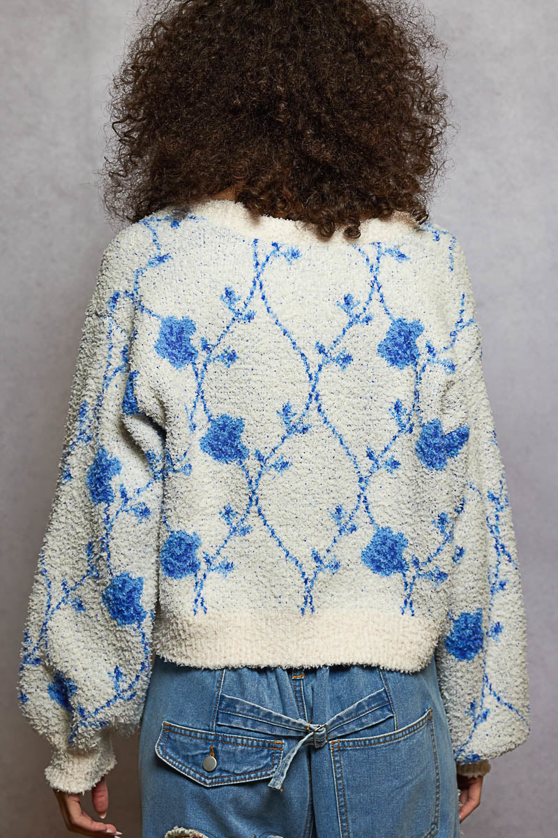 POL Berber Cardigan with a Diamond Floral Print in Cream/Blue