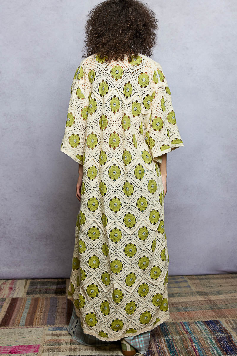 POL Open Front Floral Crochet Maxi Cardigan in Natural/Olive