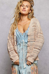 POL Open Knit Crochet Sweater in Salmon Pink