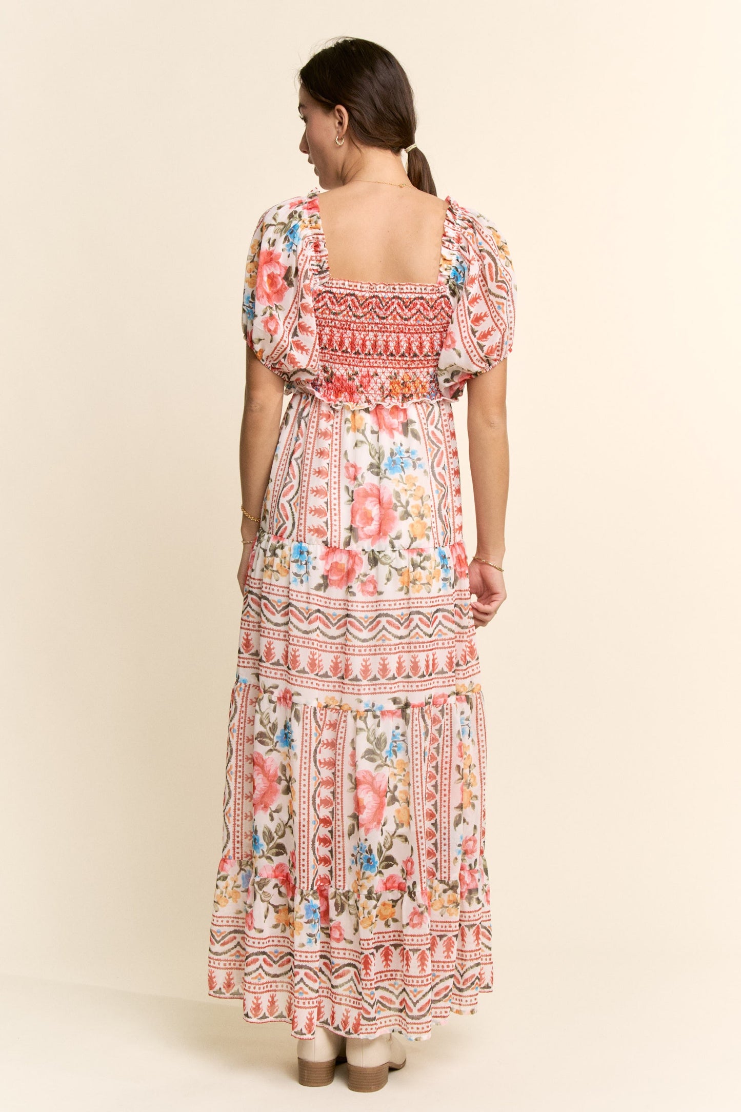 Davi & Dani Boho Floral Print Chiffon Maxi Dress in White Red