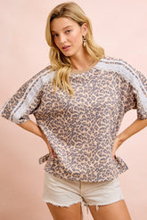 BiBi Leopard Terry Knit Side Detail Short Sleeves Top in Leopard