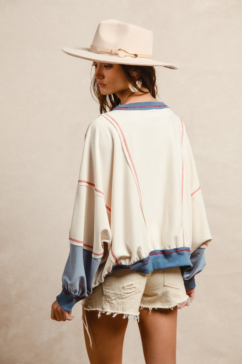 BiBi OVERSIZED Color Block Top with USA Denim Patches in Oatmeal/Denim