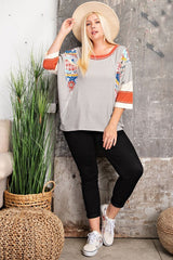 Easel Pin Stripe Top with Mixed Print Design in Heather Grey