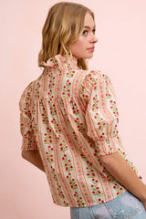 BiBi Floral Printed Ruffled Puff Sleeve Top in Red