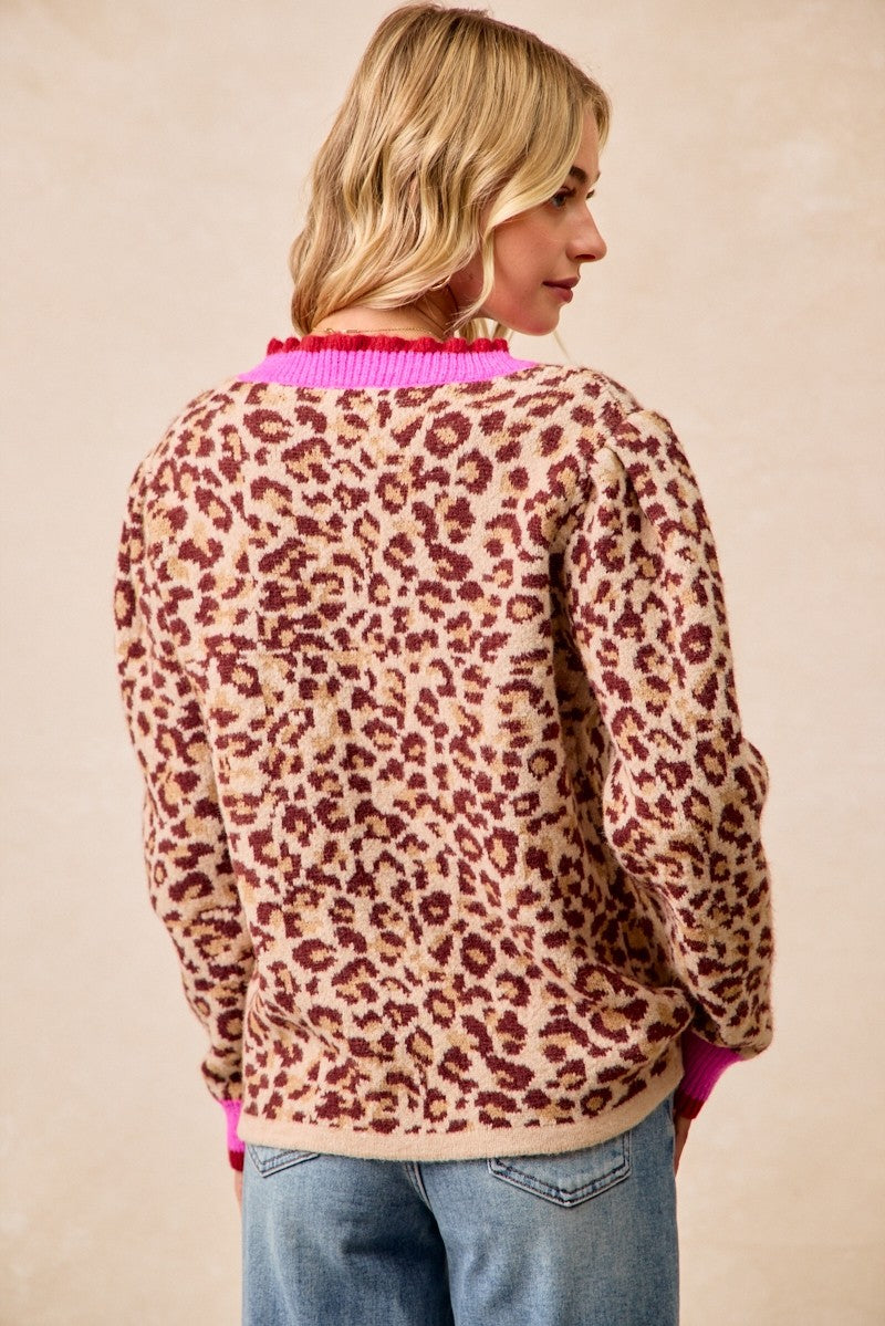 BiBi Leopard Print Knit Sweater with Contrasting Striped Ruffles in Leopard