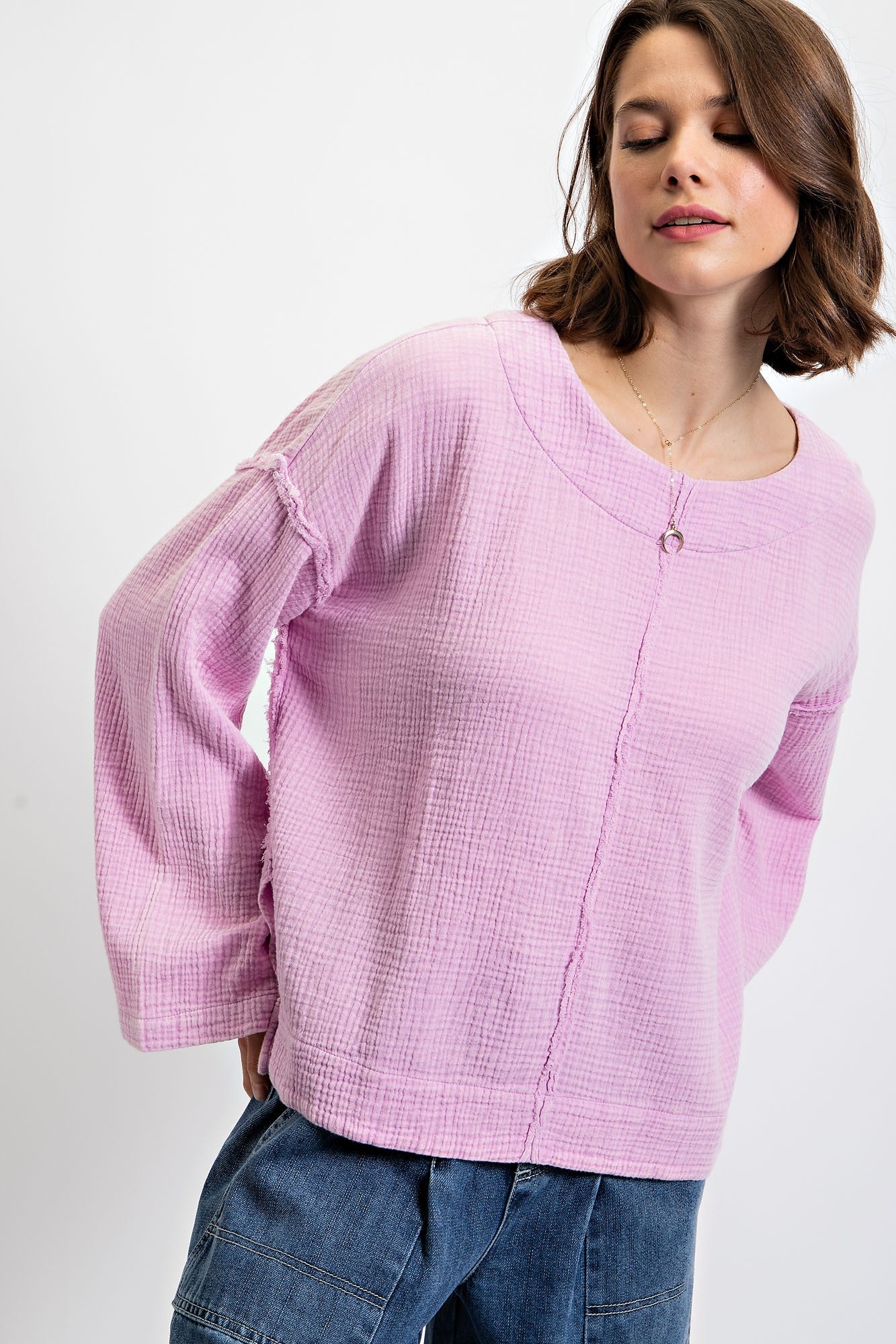 Easel Cotton Gauze Long Sleeve Top in Lilac Pink