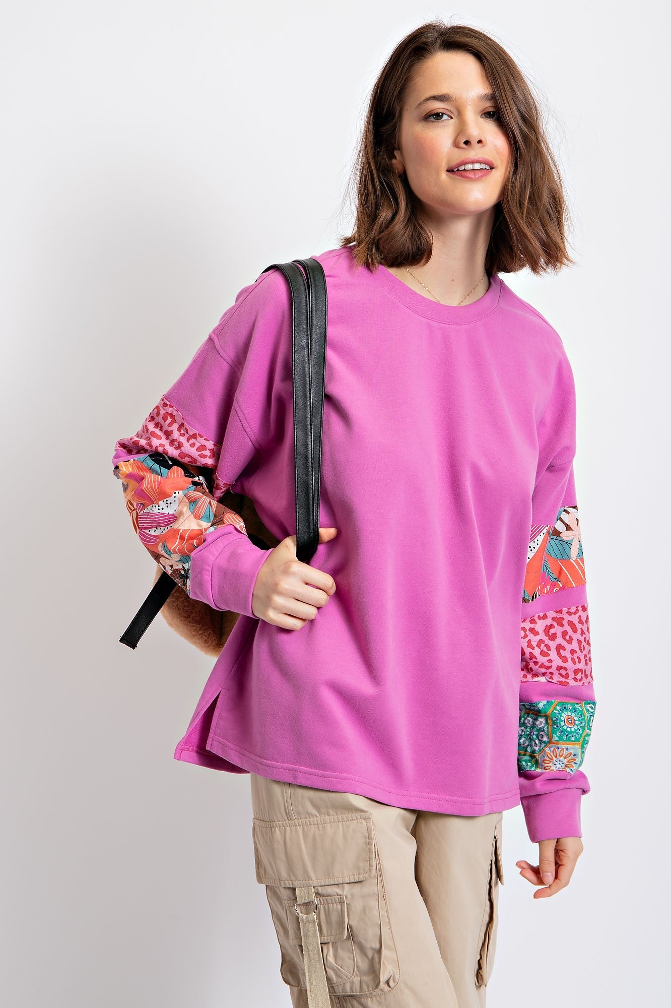 Easel Terry Knit Top with Mixed Print Sleeves in Orchid