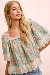 BiBi Mix n Match Floral and Lace Detailed Top in Teal ON ORDER