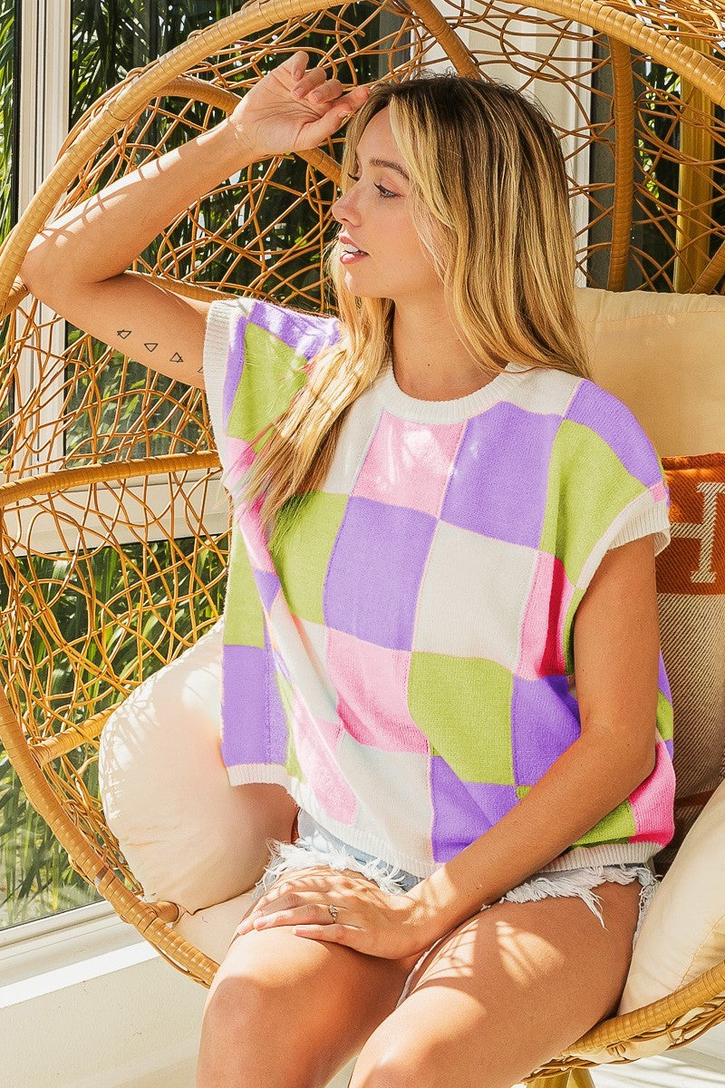 BiBi Multi Colored Checkered Pattern Sweater Vest in Lavender/Lime/Blush