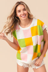 BiBi Multi Colored Checkered Pattern Sweater Vest Top in Lemon/Lime/Blush