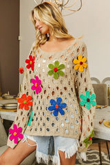 BiBi Perforated Sweater with Flower Appliques in Oatmeal