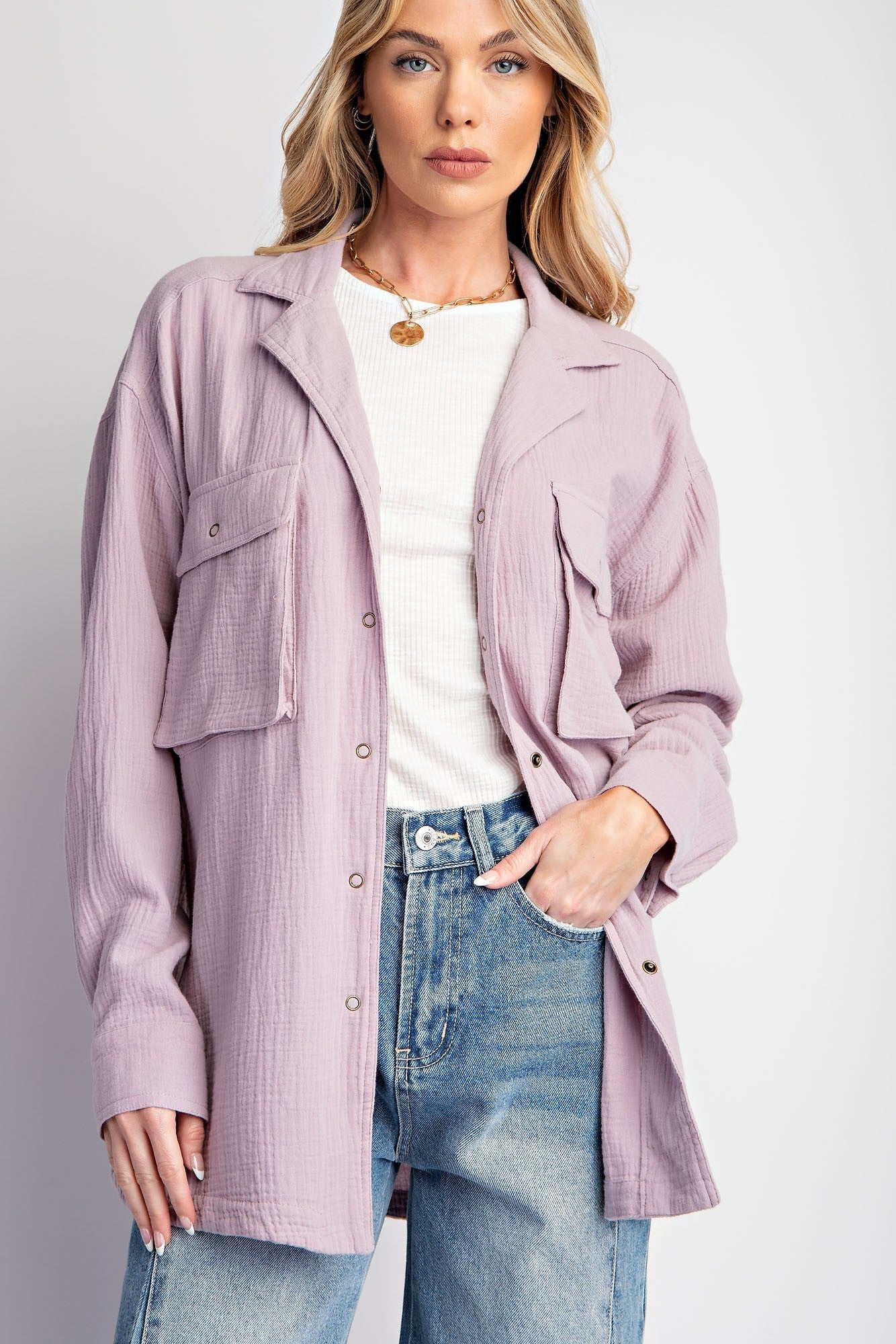 Easel Cotton Gauze Button Down Top in Mushroom