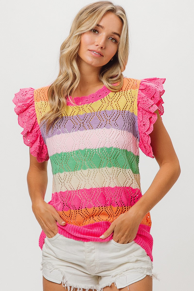 BiBi Open Knit Pointelle Top in Fuchsia Combo