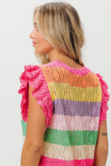 BiBi Open Knit Pointelle Top in Fuchsia Combo