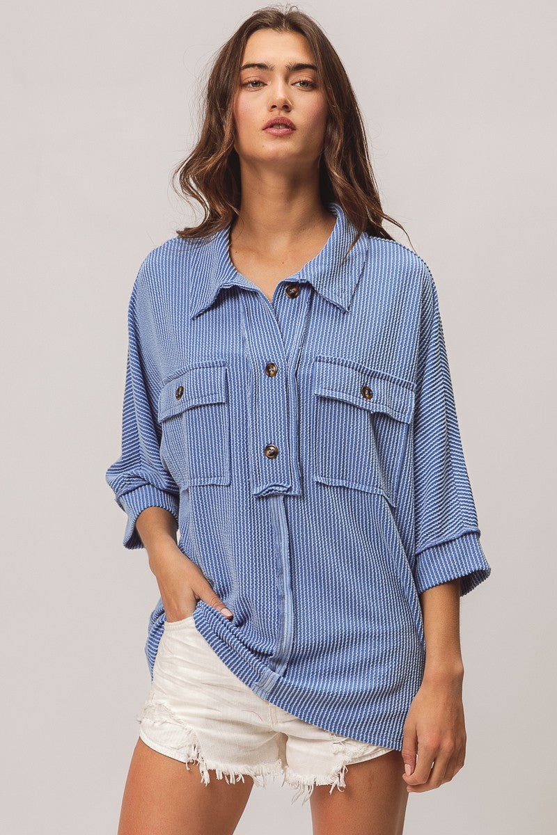 BiBi Waved Ribbed Top in Denim