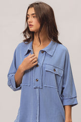 BiBi Waved Ribbed Top in Denim