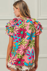 BiBi Floral Print Top with Ruffled Sleeves in Pink Multi