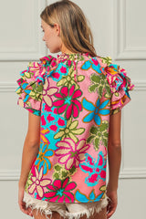 BiBi Floral Print Top with Ruffled Sleeves in Pink Multi