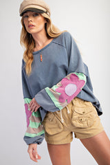 Easel Terry Knit Pullover Top with Flower Patch Details in Washed Denim