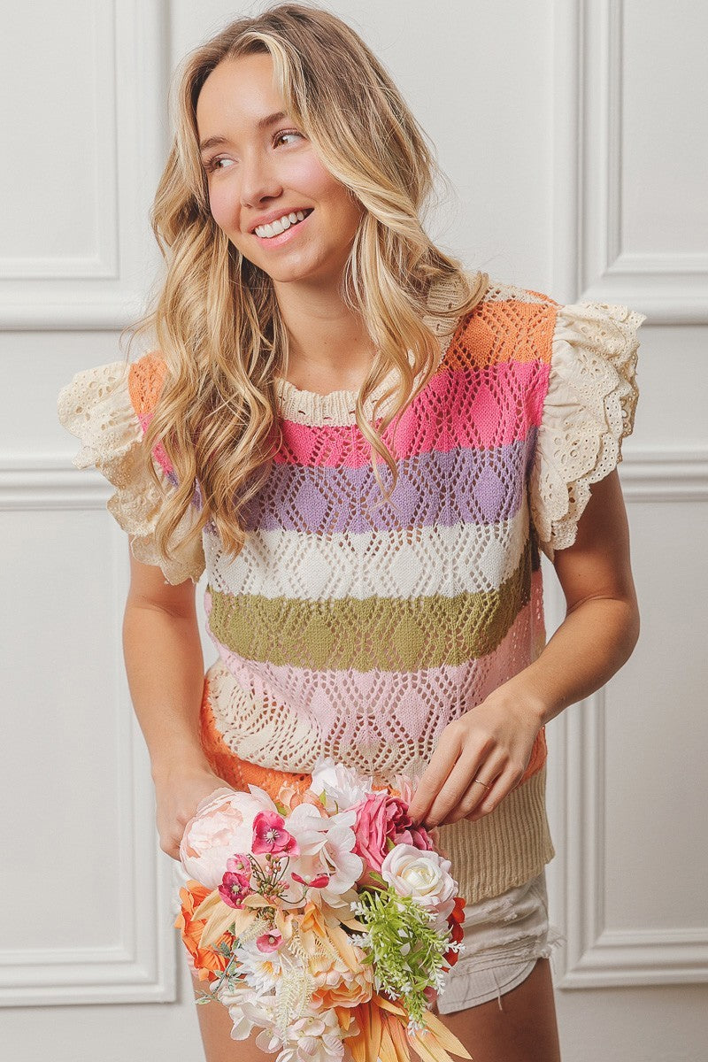 BiBi Open Knit Pointelle Top in Oatmeal Combo