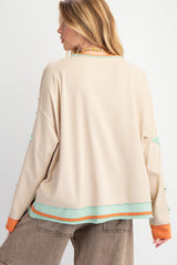 Easel Mineral Washed Top with Star Patched Sleeves in Taupe