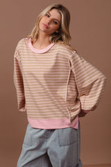 BiBi French Terry Striped Top with Uneven Hemline in Taupe/Blush