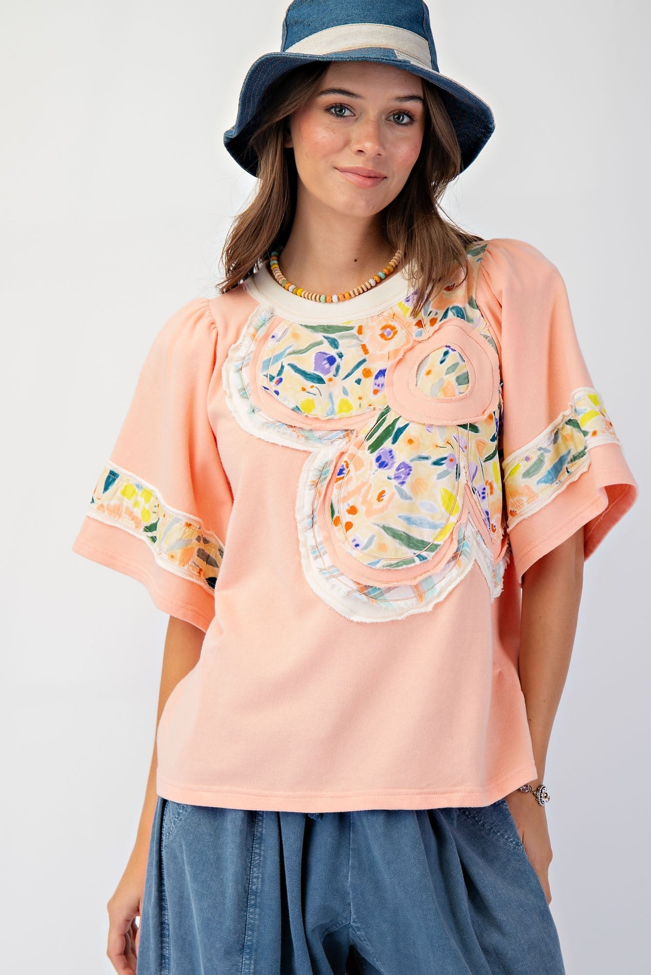 Easel Soft Washed Terry Knit top with Large Flower Patch in Peach