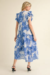 Jodifl Tropical Leaf Print Tiered Midi Dress in Blue
