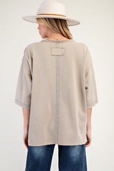 Easel Mineral Washed Terry Knit Flower Patch Top in Mushroom
