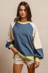 BiBi French Terry Color Block Top in Indigo/Lime