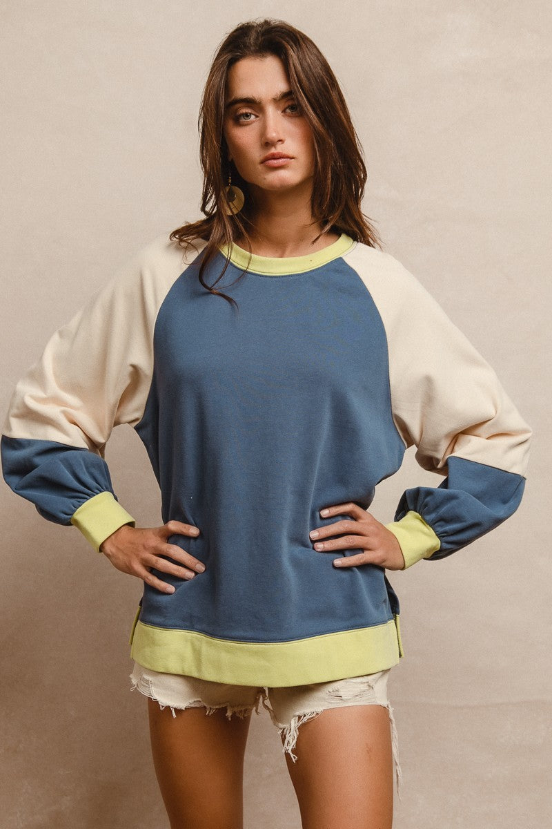 BiBi French Terry Color Block Top in Indigo/Lime