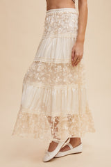 Listicle Floral Embroidered Lace Maxi Skirt in Cream