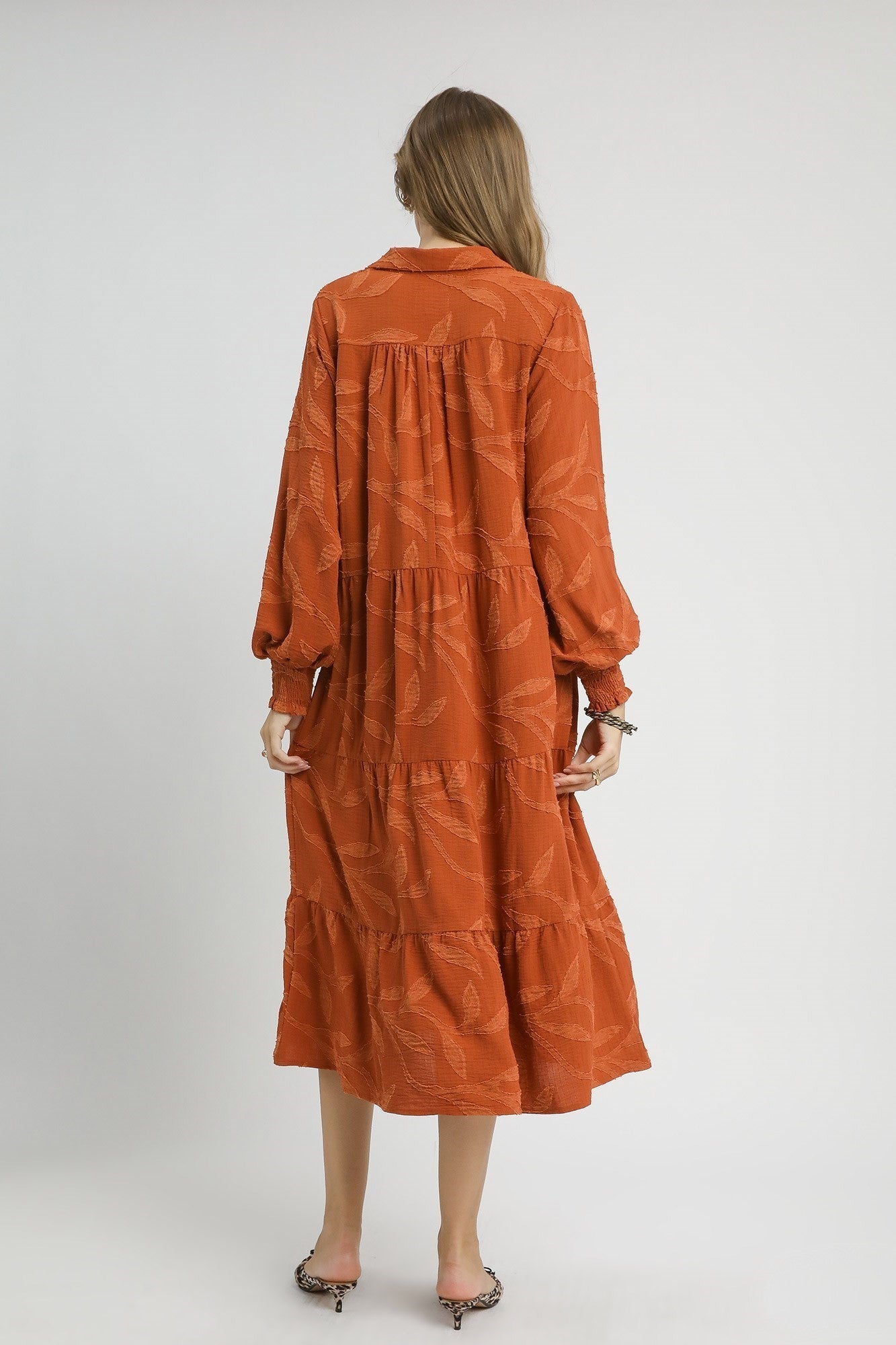 Umgee Solid Color Textured Leaf Pattern Midi Dress in Rust