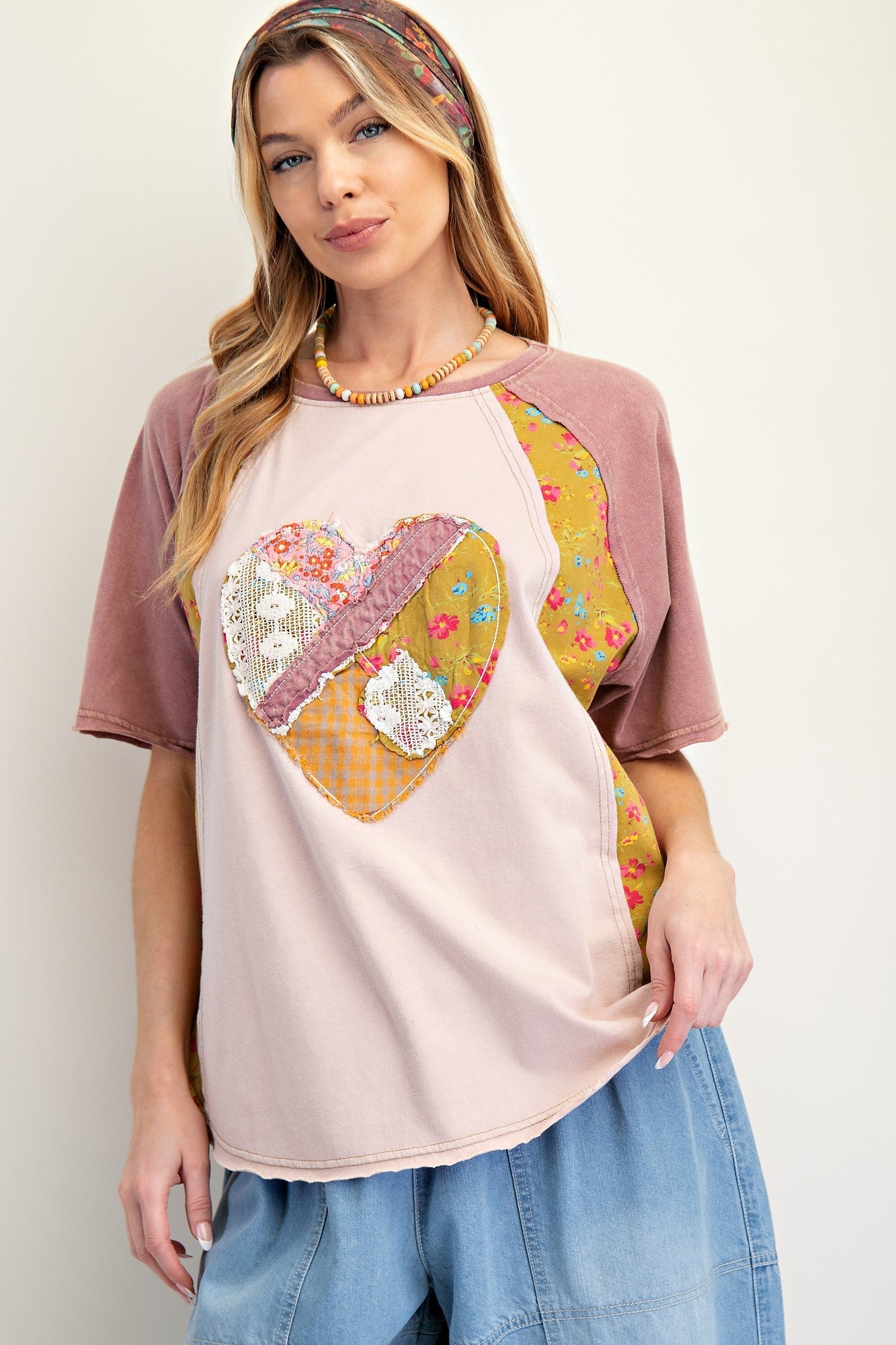 Easel Mix n Match Heart Patched Top in Mauve