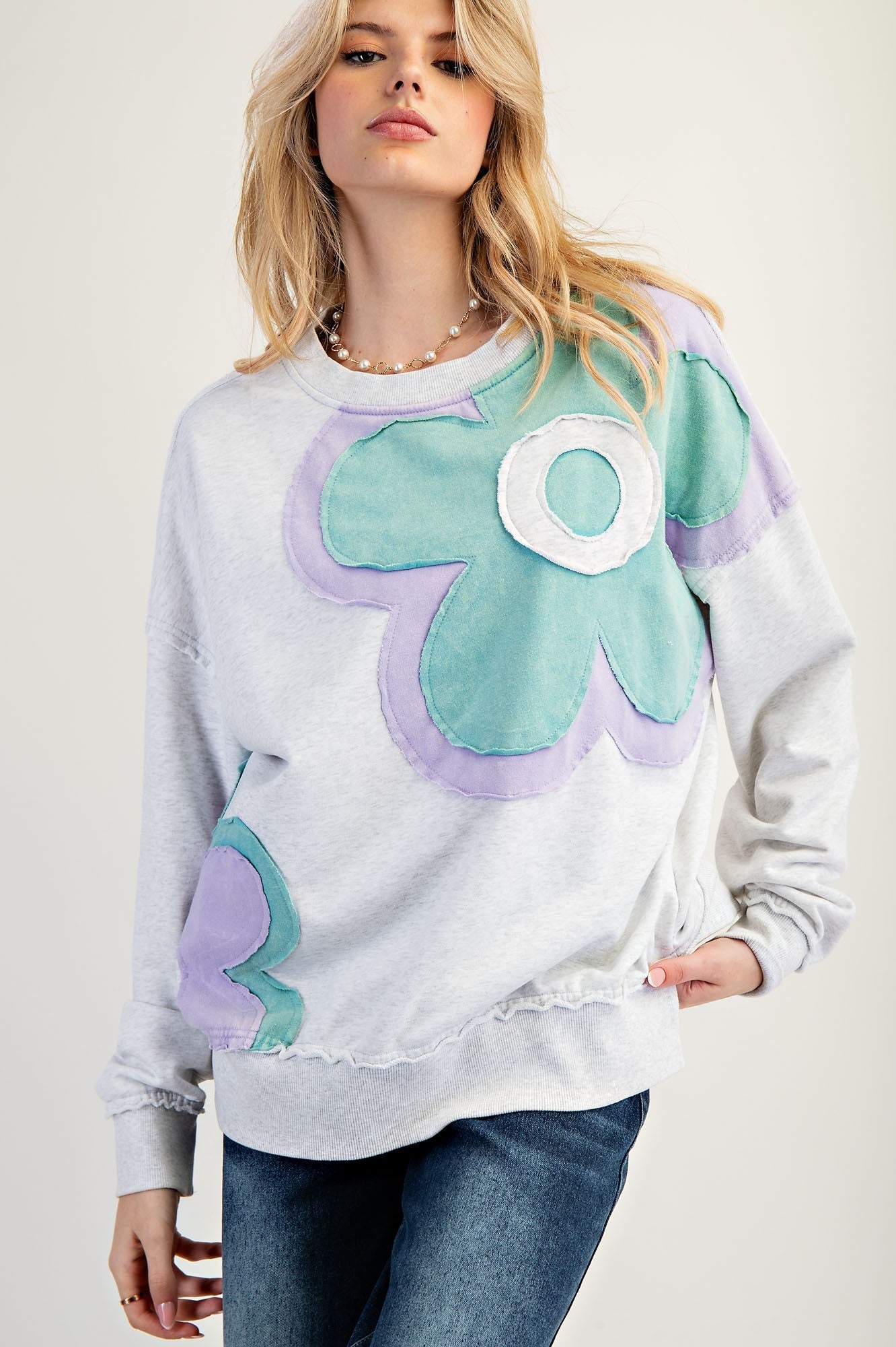 Easel Terry Knit Sweatshirt with Large Flower Patch in Light Heather Grey