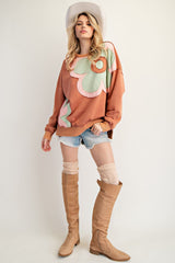 Easel Terry Knit Sweatshirt with Large Flower Patch in Wooden