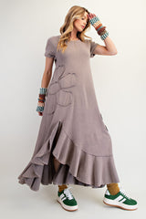 Easel Solid Color Mineral Washed Knit Maxi Dress with Daisy Patches in Ash
