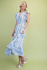 GiGio Mixed Print Elastic Waist Midi Dress in Sky Mix