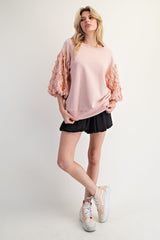 Easel Terry Knit Top with Organza Bubble Sleeves in Vintage Rose