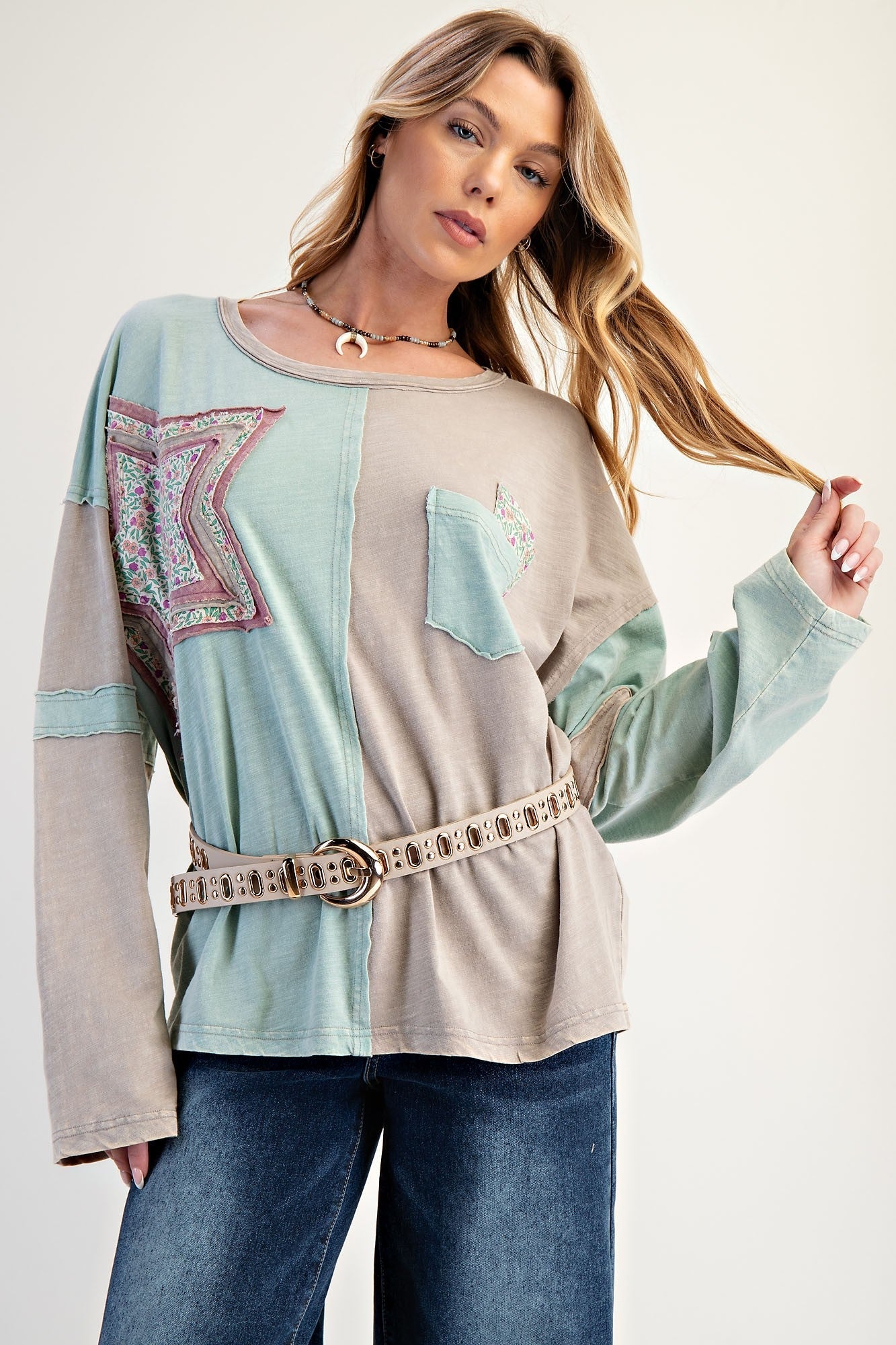 Easel Color Block Cotton Top with Patches in Mint Combo