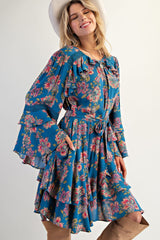 Easel Exclusive Floral Print Mini Dress in Teal